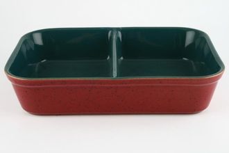 Denby Harlequin Serving Dish oblong- divided- open- green inner- red outer - no handles 11 3/8" x 7 3/4" x 2 1/2"