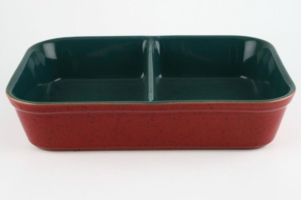 Denby Harlequin Serving Dish oblong- divided- open- green inner- red outer - no handles 11 3/8" x 7 3/4" x 2 1/2"
