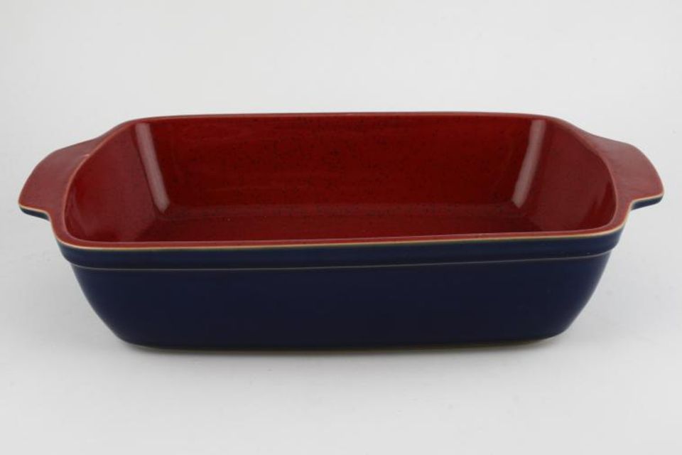 Denby Harlequin Serving Dish oblong-open-eared- red inner- blue outer 14 1/8" x 8 3/4" x 3 1/8"