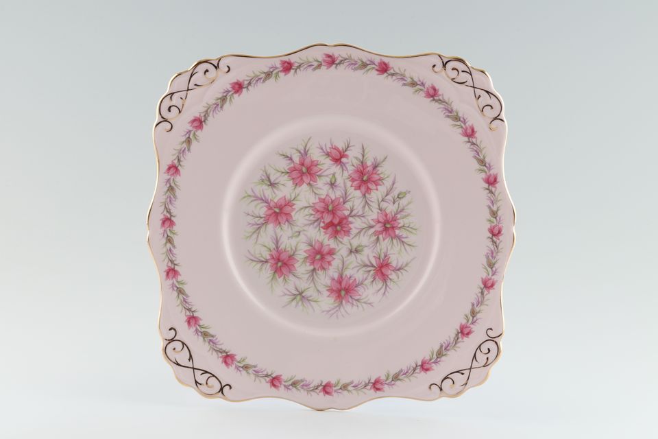 Tuscan & Royal Tuscan Love In The Mist - pink background, pink flowers Cake Plate square, eared corners 8 3/4"