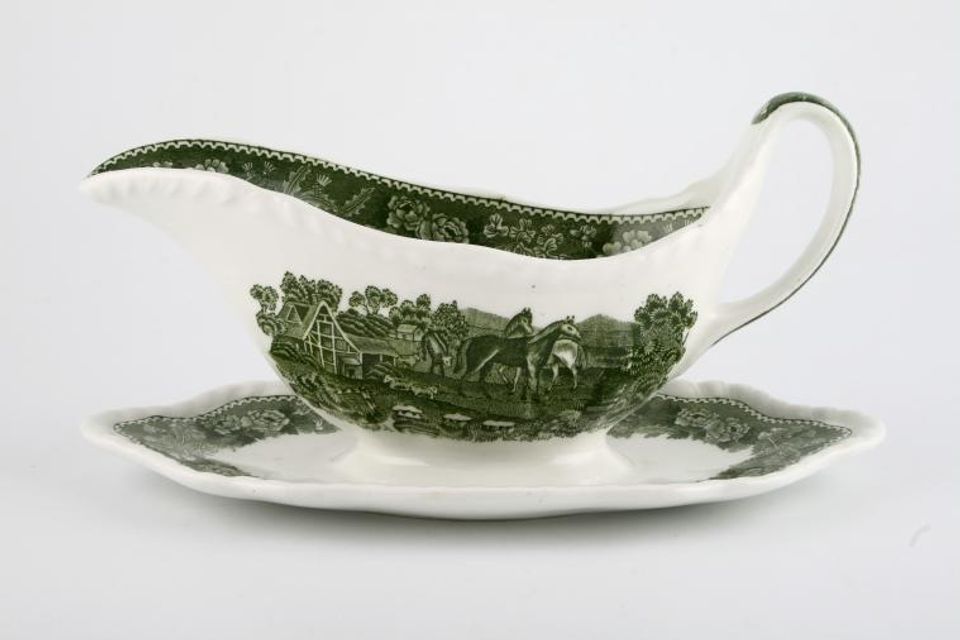 Adams English Scenic - Green Sauce Boat and Stand Fixed Horse scene