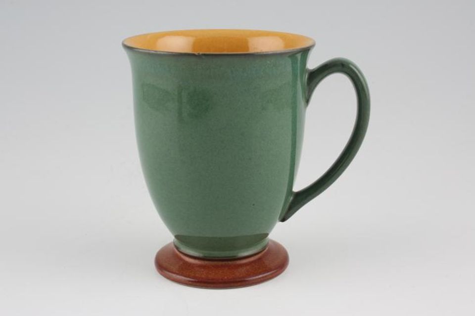 Denby Spice Mug Footed, Green/Mustard. Brown foot 3 1/2" x 4 1/2"