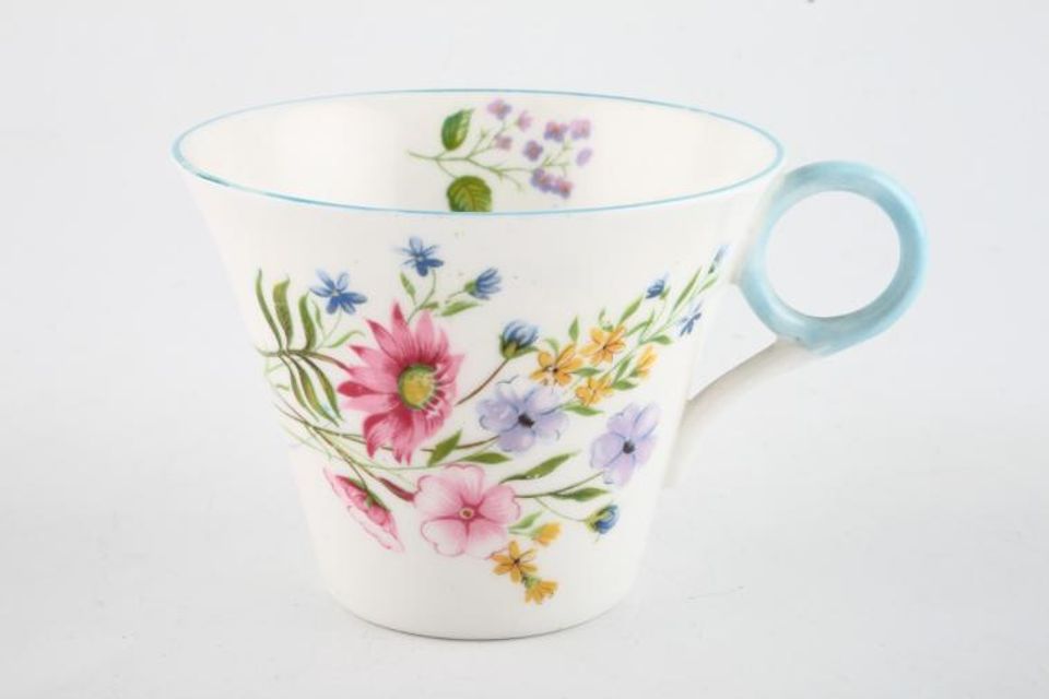 Shelley Wild Flowers - Blue Edge Teacup tapers - flares at the top - smooth rim 3 1/2" x 2 3/4"