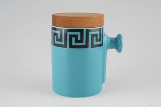 Portmeirion Greek Key - Turquoise + Black Storage Jar + Lid 1 handle - Wooden lid 2 1/2" x 3 3/4"