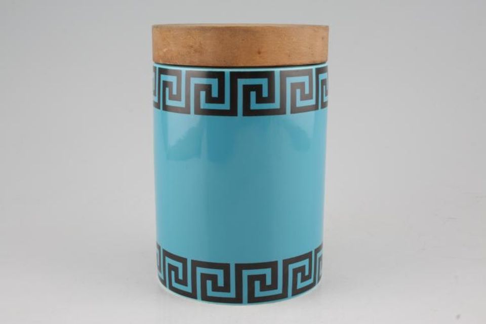 Portmeirion Greek Key - Turquoise + Black Storage Jar + Lid Wooden lid 3 5/8" x 5 1/2"