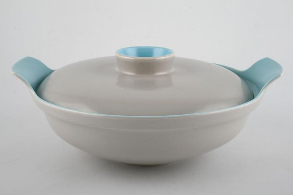 Poole Twintone Dove Grey and Sky Blue Vegetable Tureen with Lid Lid Sits Inside 10 1/4"