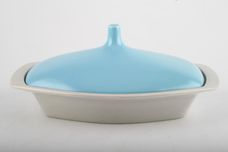 Poole Twintone Dove Grey and Sky Blue Butter Dish + Lid 8 1/4" thumb 1
