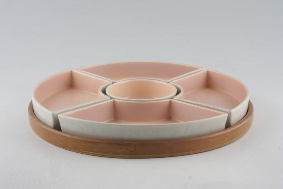 Poole Twintone Seagull and Peach Hor's d'oeuvres Dish 5 Sections on wooden base 11 3/4"
