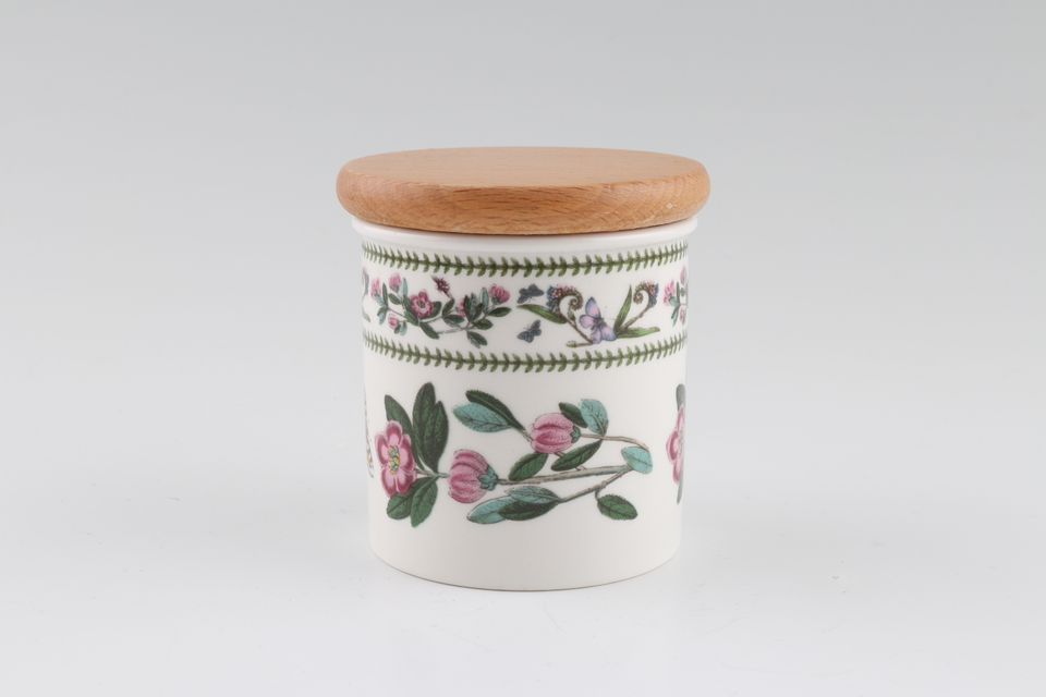 Portmeirion Variations - Botanic Garden Storage Jar + Lid Rhododendron Lepidotum - Rhododendron - No name on item - Wooden lid 2 1/2" x 2 1/2"