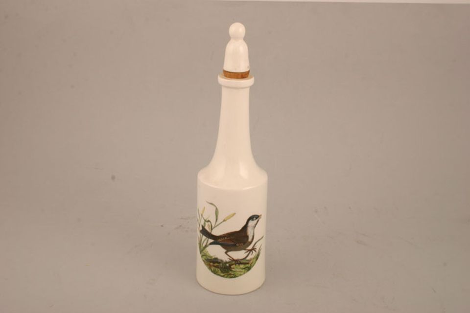 Portmeirion Birds of Britain - Backstamp 2 - Green and Orange Oil Bottle + Pourer Marsh Titmouse - Ceramic Stopper 9"