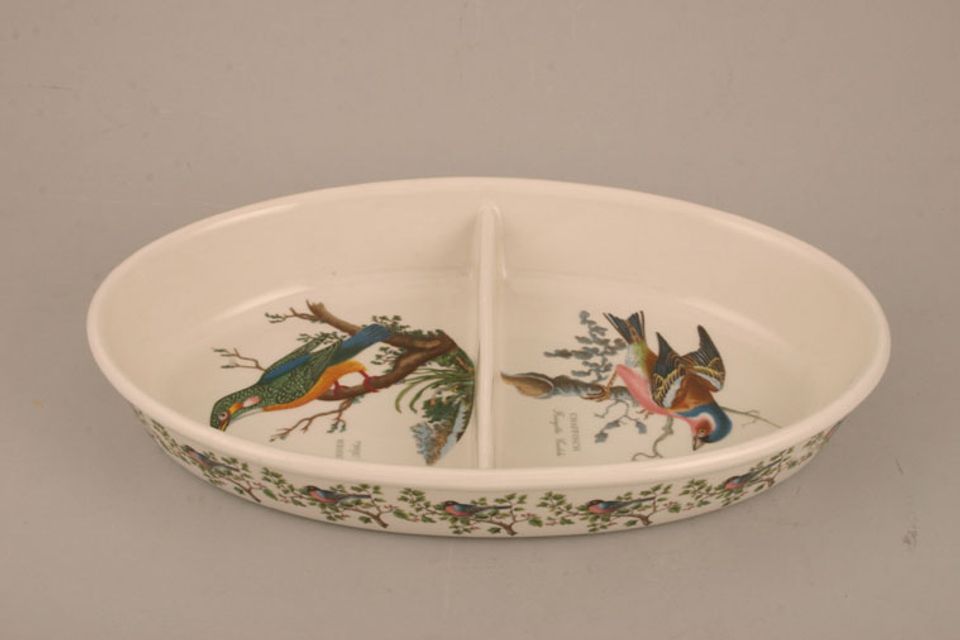 Portmeirion Birds of Britain - Backstamp 2 - Green and Orange Serving Dish Oval - divided - Kingfisher - Chaffinch 11 1/4" x 7" x 1 7/8"