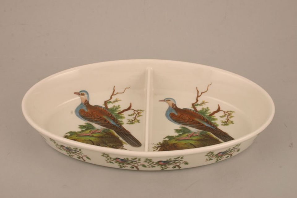 Portmeirion Birds of Britain - Backstamp 2 - Green and Orange Serving Dish Oval - divided - Turtle Dove 11 1/4" x 7" x 1 7/8"