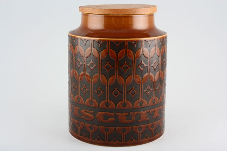 Hornsea Heirloom - Brown Storage Jar + Lid Size represents height. Biscuit 8"