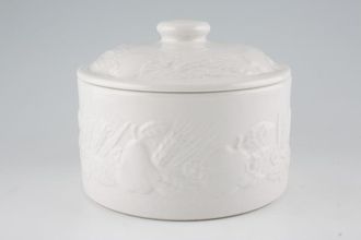 Marks & Spencer White Embossed Storage Jar + Lid Biscuit Barrel - Wheat and Fruit 7 1/2" x 4"