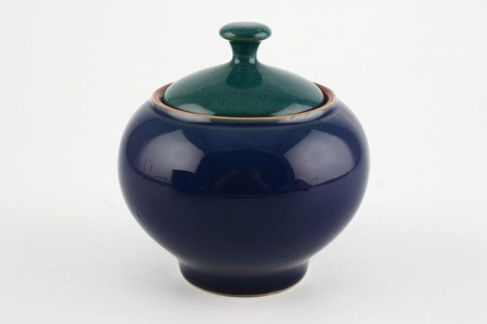 Denby Harlequin Sugar Bowl - Lidded (Tea) Red Inner - Blue Outer - Green Lid - Squat