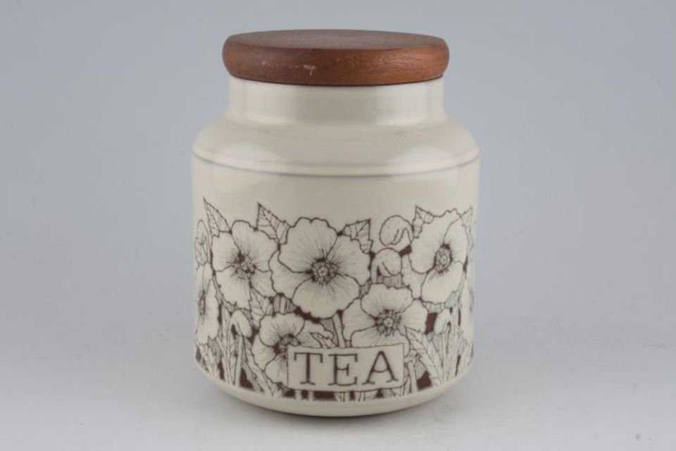 Hornsea Cornrose Storage Jar + Lid Size represents height. Tea on jar - Wooden lid 6"