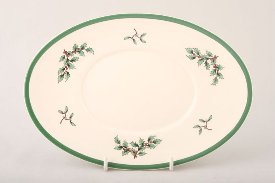 Spode Christmas Tree Sauce Boat Stand Wider green band on the rim 9 3/8"