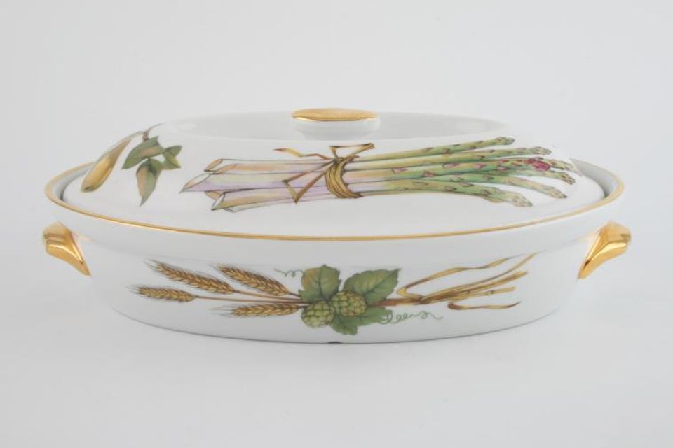 Royal Worcester Evesham - Gold Edge Casserole Dish + Lid Oval, Shape 21, Size 2, Smooth Handles, knob on Lid- Fruits can Vary 1 1/2pt