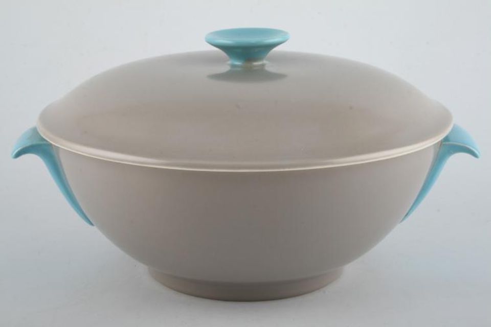 Poole Twintone Dove Grey and Sky Blue Vegetable Tureen with Lid Lid Sits Outside 9 3/4"