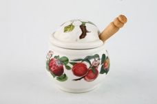 Portmeirion Pomona - Older Backstamps Mustard Pot + Lid Various Fruits - With wooden spoon 2 1/2" thumb 1