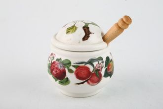 Portmeirion Pomona - Older Backstamps Mustard Pot + Lid Various Fruits - With wooden spoon 2 1/2"