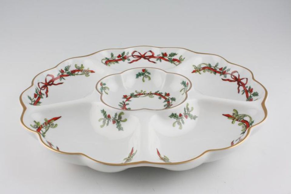 Royal Worcester Holly Ribbons Crudité 6 Sectioned Dish 13 1/2"