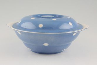 T G Green Blue Domino Vegetable Tureen with Lid White Inner Blue Outer 9 1/4"