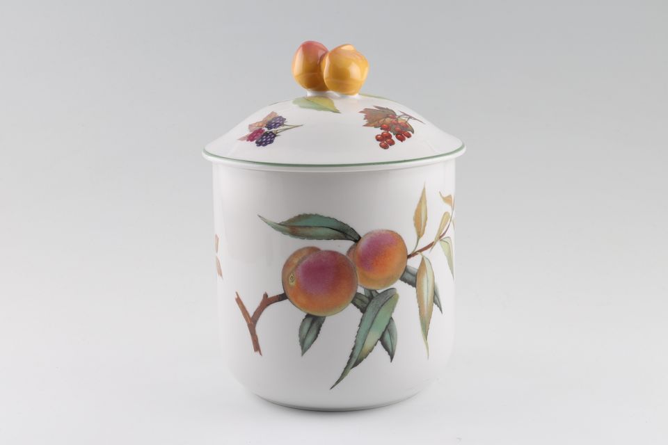 Royal Worcester Evesham Vale Storage Jar + Lid Peach, plum, cut apple & blackberries 5 3/4" x 5 3/4"