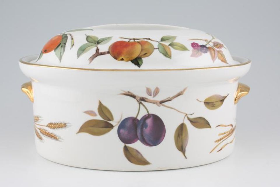 Royal Worcester Evesham - Gold Edge Casserole Dish + Lid Oval Game Casserole Shape 24, Size 4 Oranges, Plums, Nuts, Smooth Handles, Straight Handle on Lid 4pt