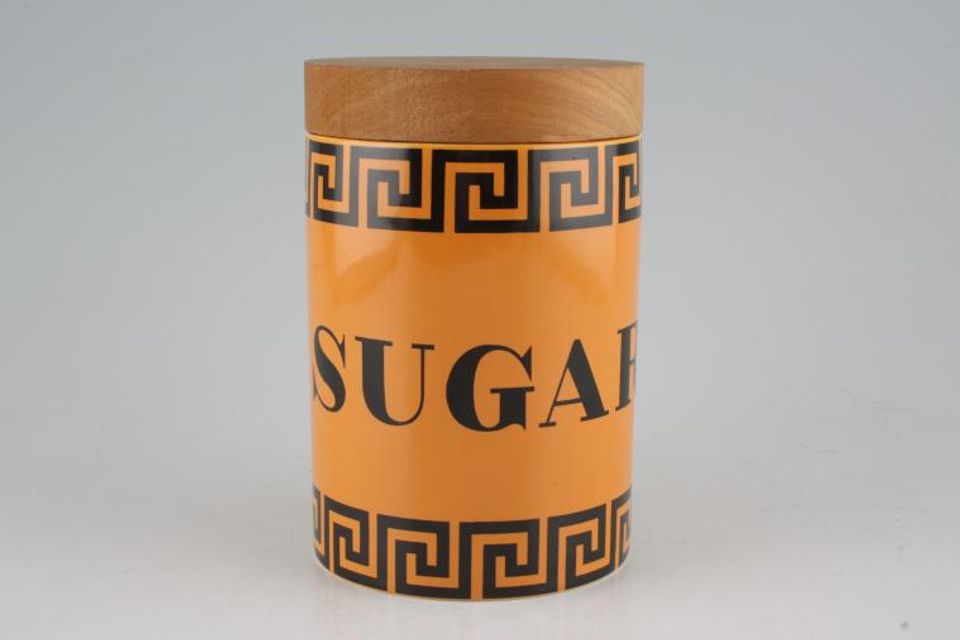 Portmeirion Greek Key - Orange + Black Storage Jar + Lid Sugar on jar - wooden lid. Rubber seal needs replacing 5"