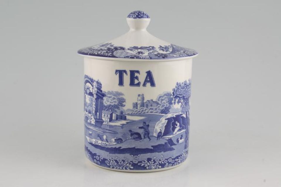 Spode Blue Italian Storage Jar + Lid Tea - Note; Previously owned items do not have seal on lid. 4 1/2" x 4 1/2"