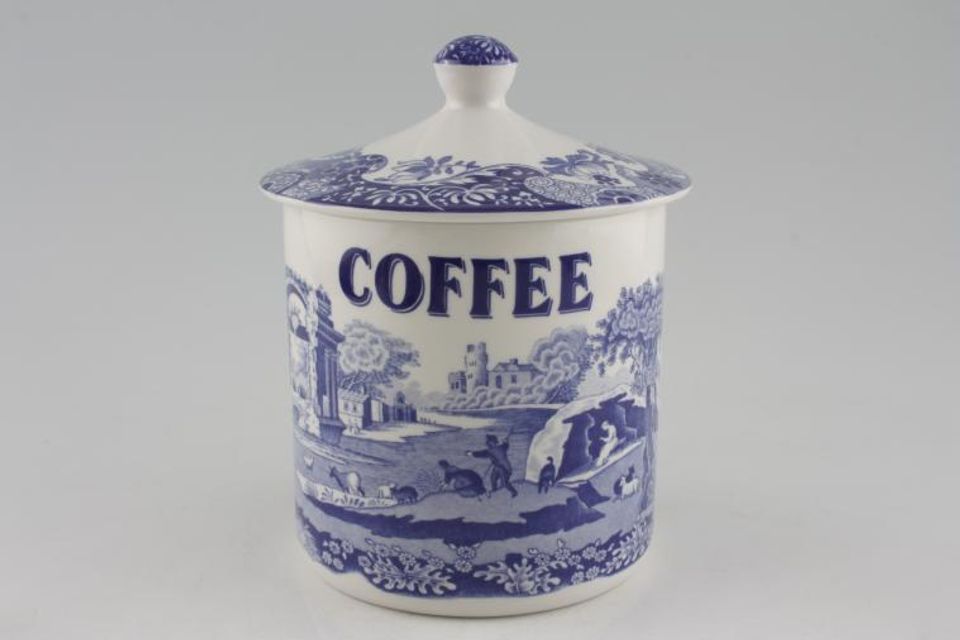 Spode Blue Italian Storage Jar + Lid Coffee - Note; Previously owned items do not have seal on lid. 4 1/2" x 4 1/2"