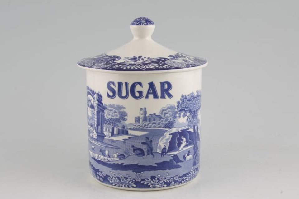 Spode Blue Italian Storage Jar + Lid Sugar - Note; Previously owned items do not have seal on lid. 4 1/2" x 4 1/2"