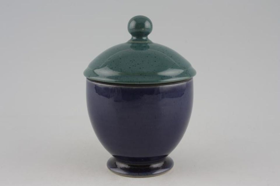 Denby Harlequin Sugar Bowl - Lidded (Tea) Red Inner - Blue Outer - Green Lid - tall 3 3/8" x 3"