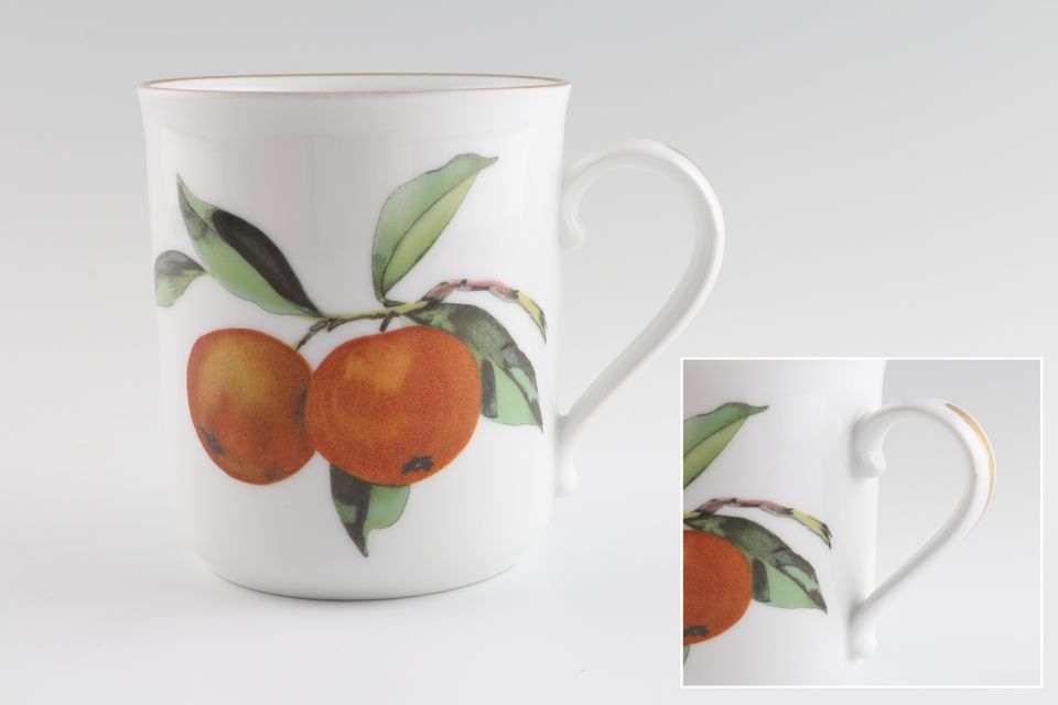 Royal Worcester Evesham - Gold Edge Mug Oranges and Blackcurrants - some made abroad. Check handle shape. 3 1/8" x 3 1/2"