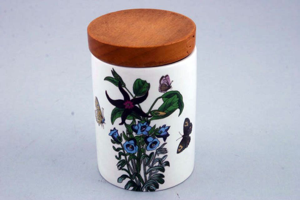Portmeirion Botanic Garden - Older Backstamps Storage Jar + Lid Cantebury Bells - wooden lid - no name 2 3/8" x 3 1/8"
