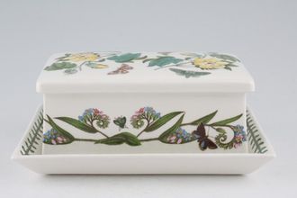 Portmeirion Botanic Garden - Older Backstamps Butter Dish + Lid Daisy base - Cotton Flower and Forget me Not on lid. 7 1/2" x 4 3/4"