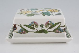 Sell Portmeirion Botanic Garden - Older Backstamps Butter Dish + Lid Daisy base - Cotton Flower and Forget me Not on lid. 6 1/4" x 5 1/4"