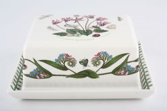 Portmeirion Botanic Garden - Older Backstamps Butter Dish + Lid Daisy base - Cyclamen and Forget me Not on lid. 6 1/4" x 5 1/4"