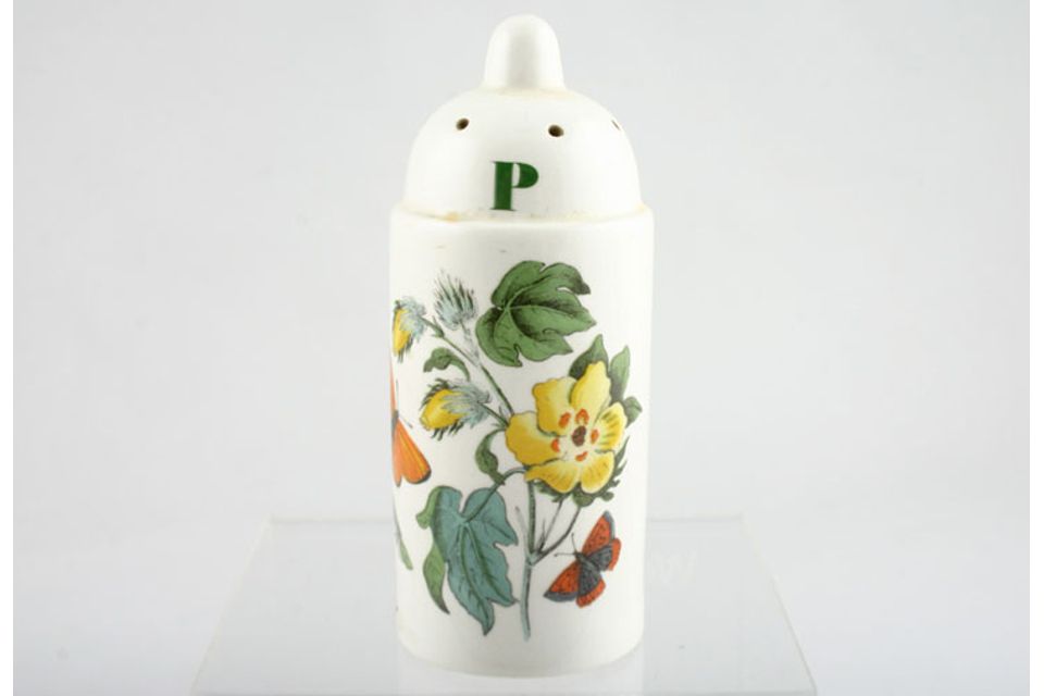 Portmeirion Botanic Garden - Older Backstamps Pepper Pot Gossypium Barbadense - Barbados Cotton Flower - no name - letter P on top 4 1/4"