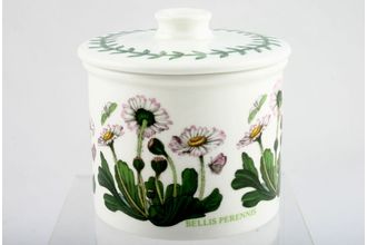 Sell Portmeirion Botanic Garden - Older Backstamps Sugar Bowl - Lidded (Tea) Drum shape - flat lid - Bellis Perennis - Daisy - name on item 3 1/4" x 2 5/8"