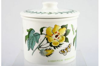 Portmeirion Botanic Garden - Older Backstamps Sugar Bowl - Lidded (Tea) Drum shape - flat lid - Gossypium Barbadense - Barbados Cotton Flower - name on item 3 1/4" x 2 5/8"