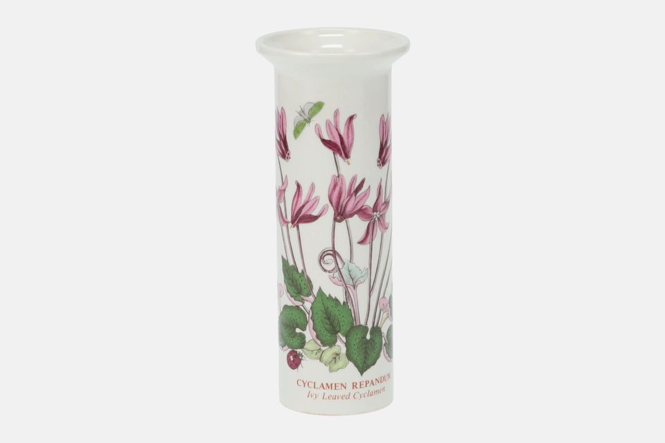 Portmeirion Botanic Garden - Older Backstamps Vase Cylinder shape - Cyclamen Repandum - Ivy Leaved Cyclamen - named 5 1/8"