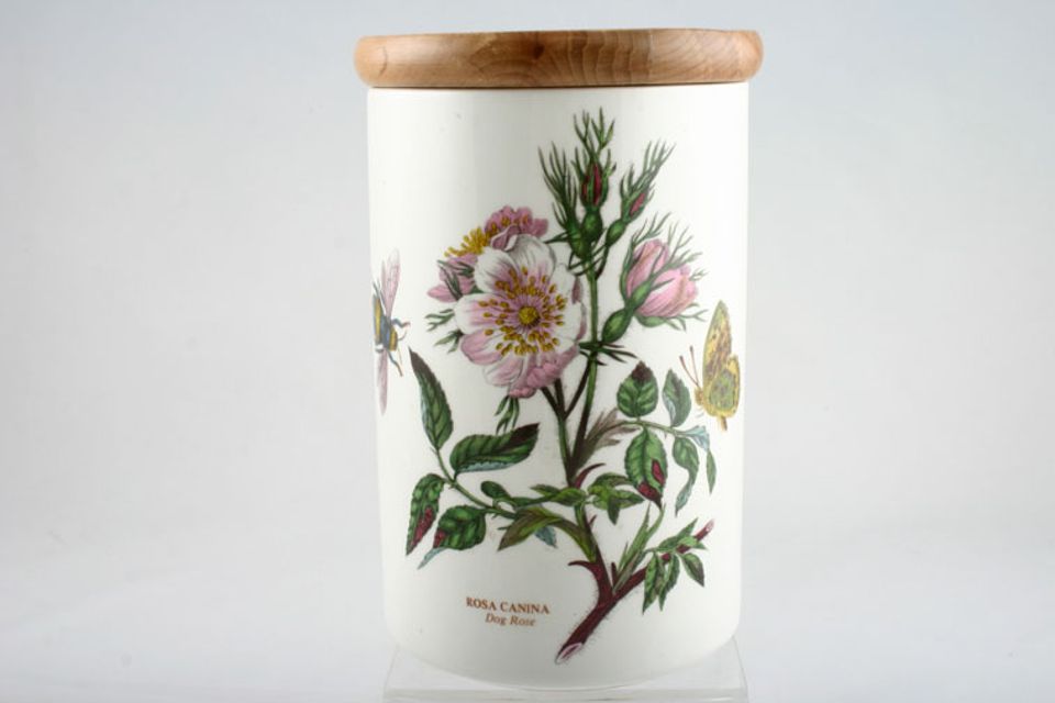 Portmeirion Botanic Garden - Older Backstamps Storage Jar + Lid Rosa Canina - Dog rose - name on jar 4 1/4" x 6 1/2"