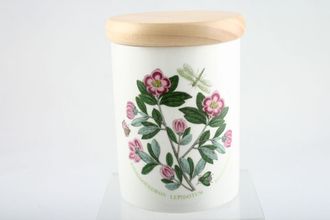 Portmeirion Botanic Garden - Older Backstamps Storage Jar + Lid Rhododendron Lepidotum - Rhododendron - name on jar 3 1/8" x 4 1/8"