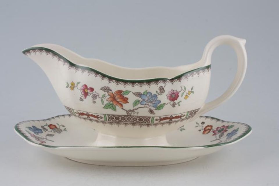 Spode Chinese Rose - New Backstamp Sauce Boat and Stand Fixed
