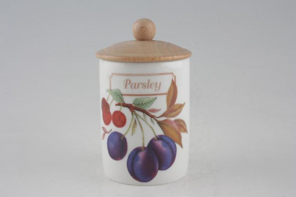 Royal Worcester Evesham - Gold Edge Spice Jar Parsley - wooden lid with round knob 2 1/4" x 3"