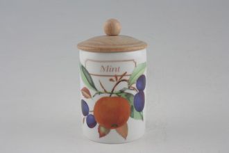 Royal Worcester Evesham - Gold Edge Spice Jar Mint - wooden lid with round knob 2 1/4" x 3"
