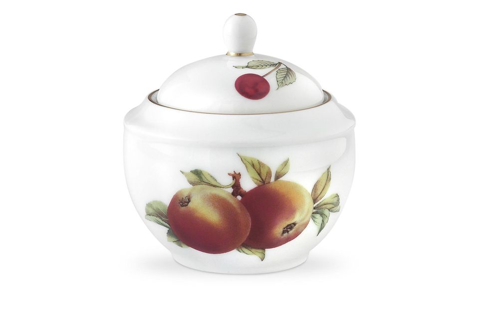 Royal Worcester Evesham - Gold Edge Sugar Bowl - Lidded (Tea) Malvern Shape, Apple,Cherries on Base, Plum and Cherry on Lid