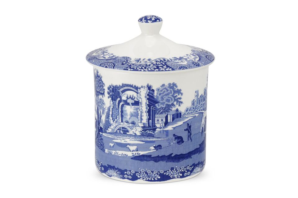 Spode Blue Italian Storage Jar + Lid Note; Previously owned items do not have a seal on the lid. 19cm